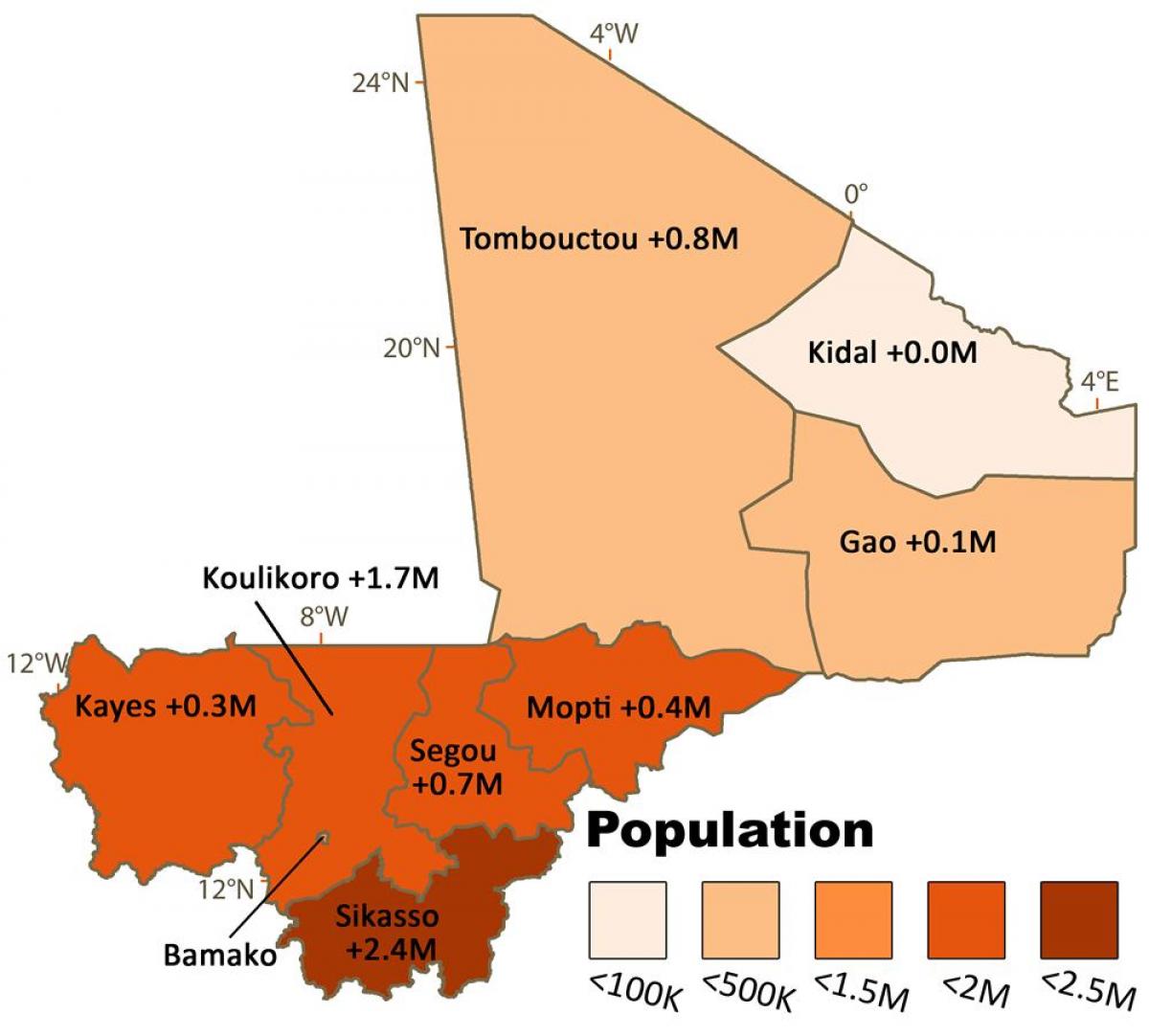 Mapa Mali ludności